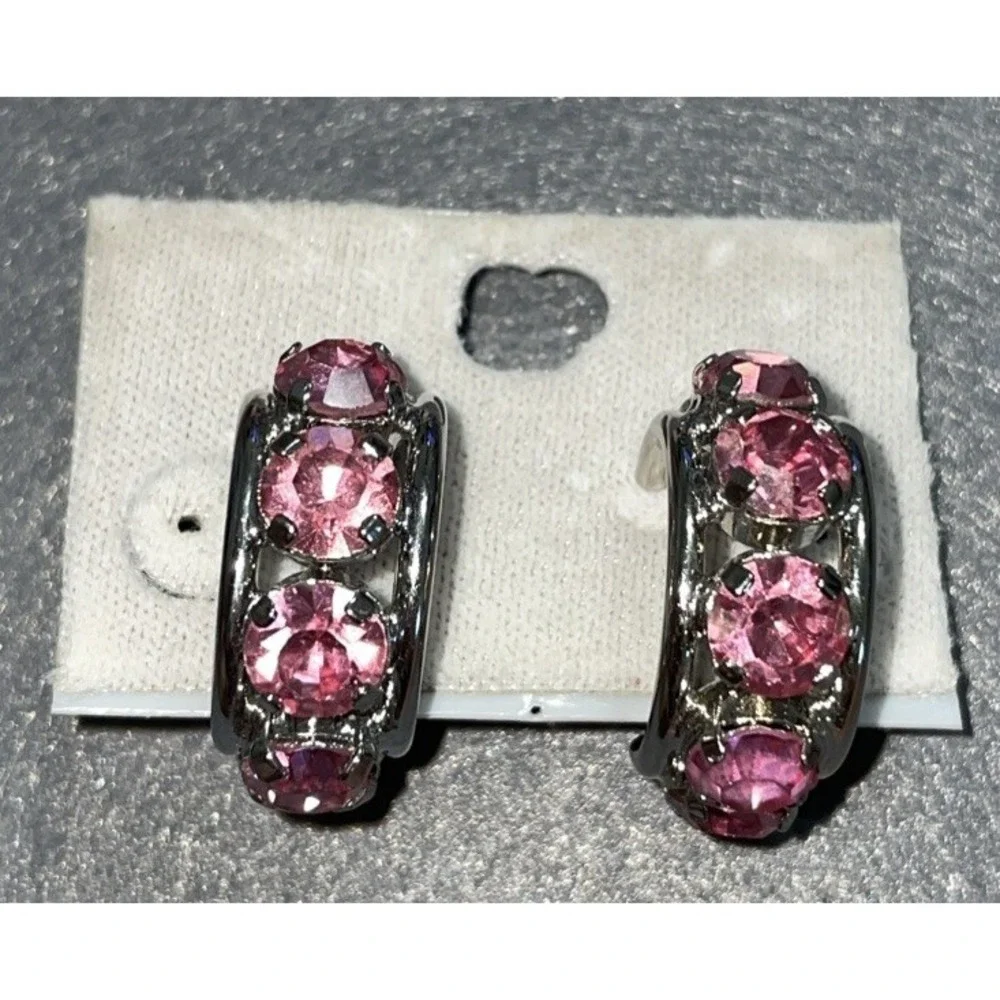 1990s Silver Colored Pink Stone Premier Designs Clip-On Earrings Fashion Jewelry
